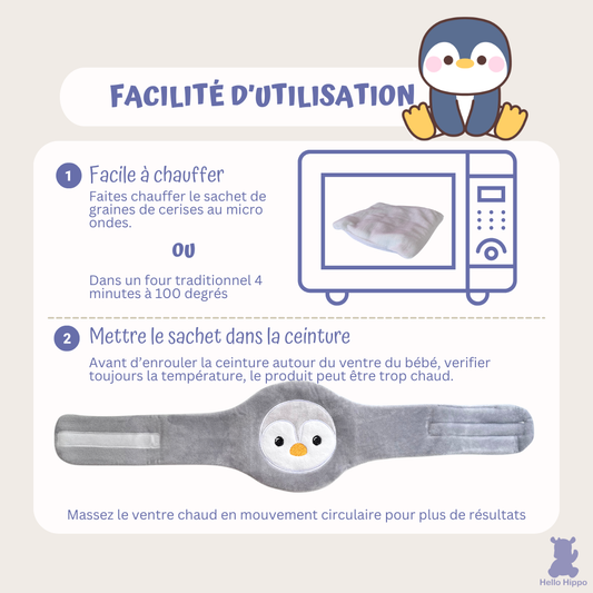 Cinturón Anticólicos con Calor Seco- Bolsa de Semillas de Cereza para Bebé - Cinturón Anticólicos con Calor Seco (Microondas u Horno) - Hipoalergénico y Lavable (Pingüino)