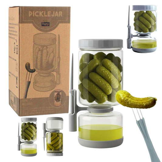 RANJI -Pot à Cornichon Retournable avec Pique Inclus 1300ml – Bocal Sablier en Verre Hermétique Sans BPA