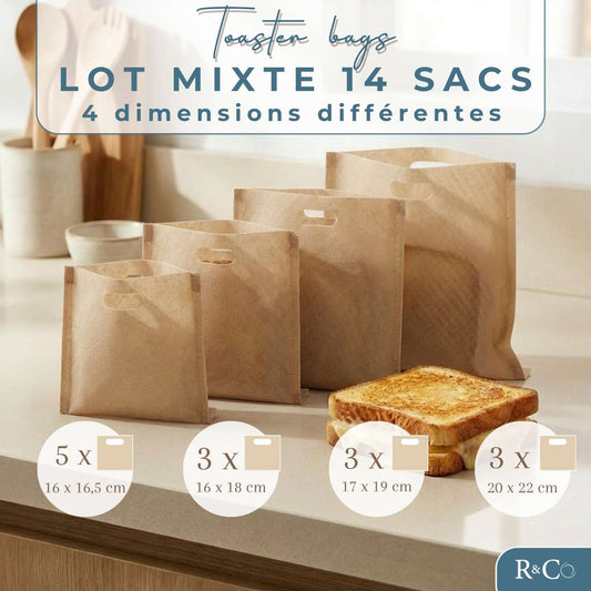 R&Co® Lot de 14 Toaster Bags Réutilisables – 4 Tailles Différentes – Sacs de Cuisson Antiadhésifs Sans BPA pour Grille-Pain, Air Fryer et Four