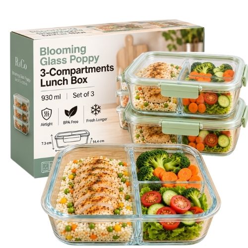Lot de 3 Bocaux en Verre avec Couvercle Hermétique 930 ml - 3 Compartiments