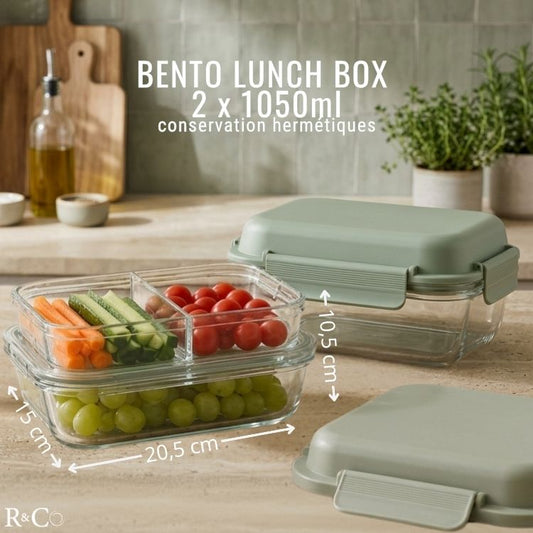 Bento Box – Lot 2 Bocaux en Verre Hermétiques 1050 mL + Pain de Glace