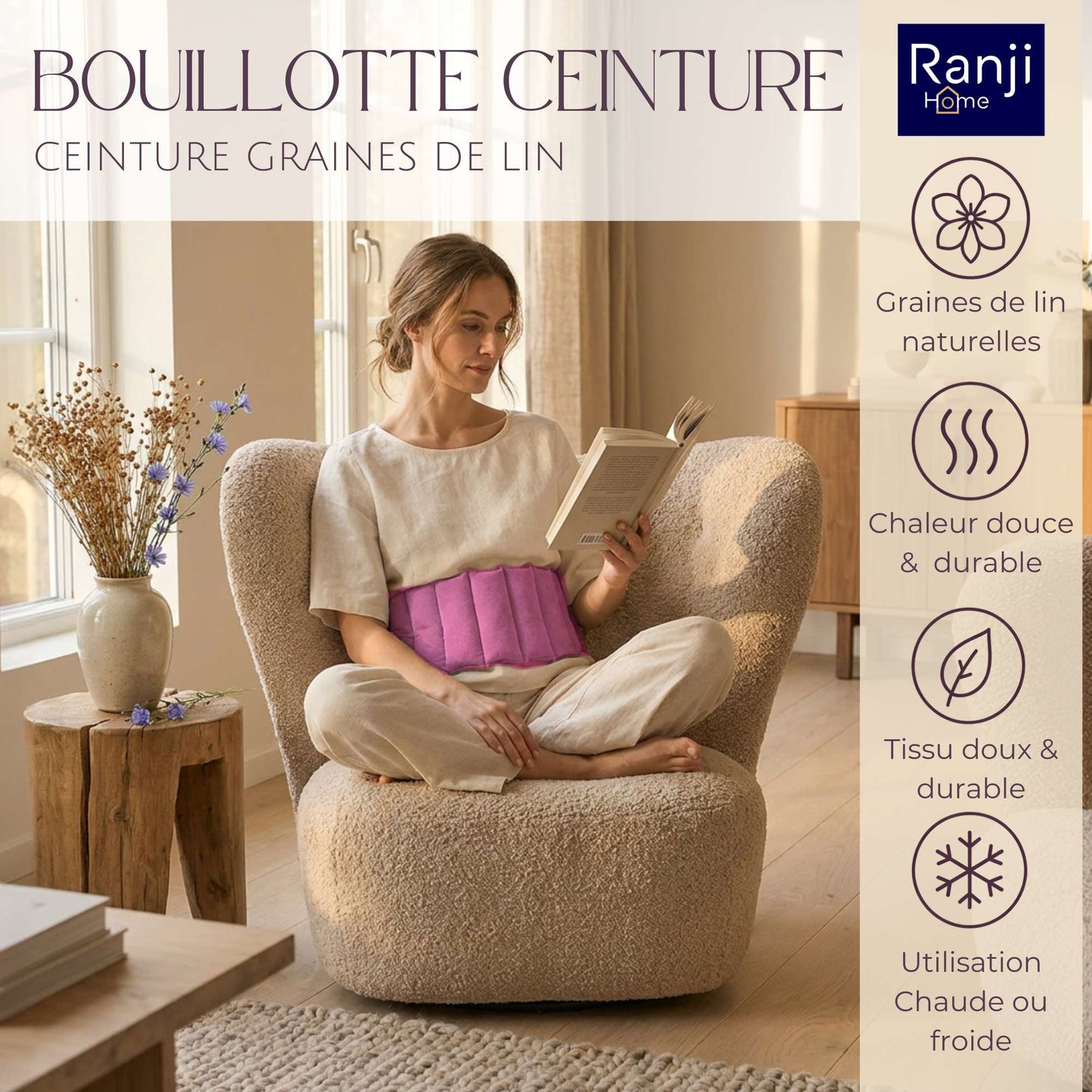 Bouillotte Ceinture Micro-Onde en Graines de Lin (Dos, Ventre) - Rose