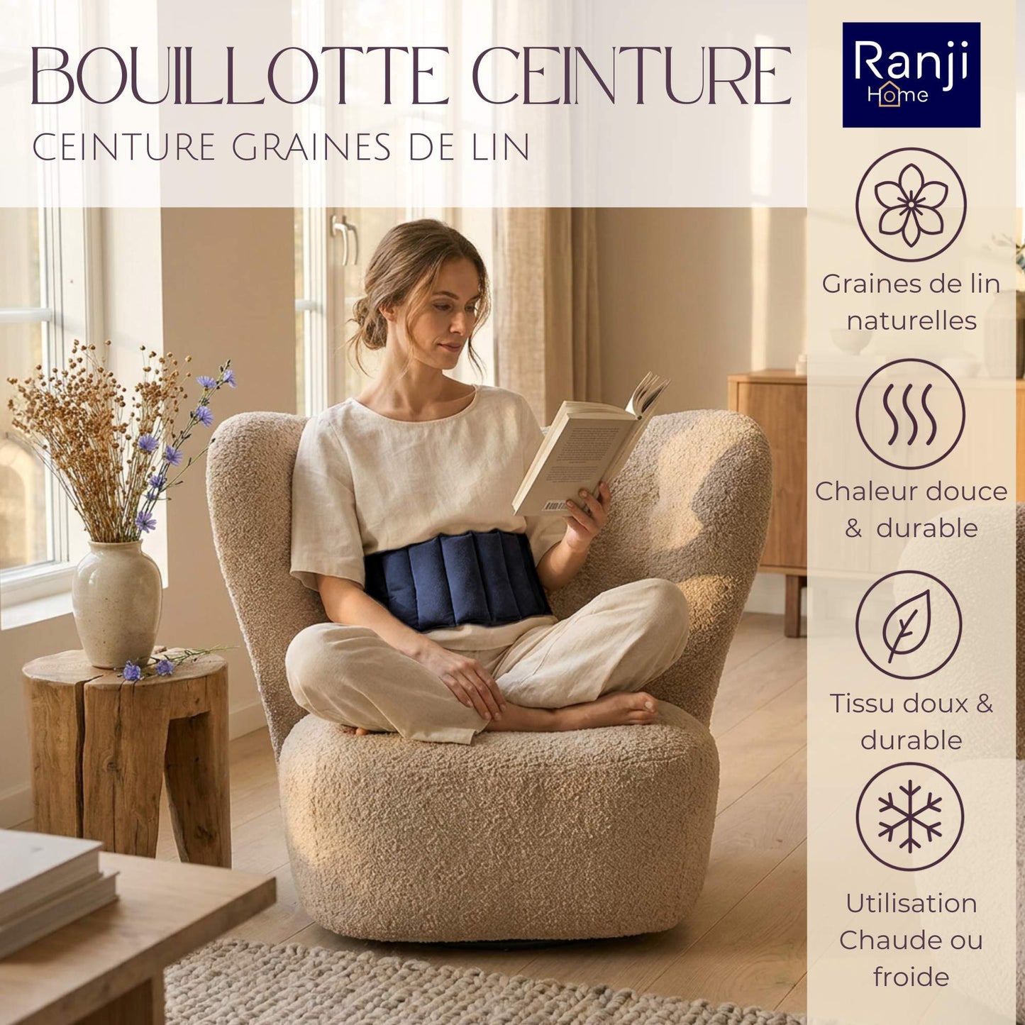 Bouillotte Ceinture Micro-Onde en Graines de Lin (Dos, Ventre) - Bleu