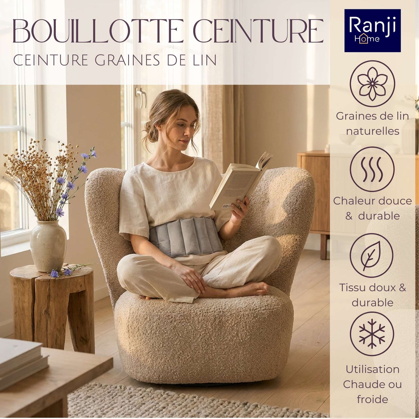 Bouillotte Ceinture Micro-Onde en Graines de Lin (Dos, Ventre) - Gris
