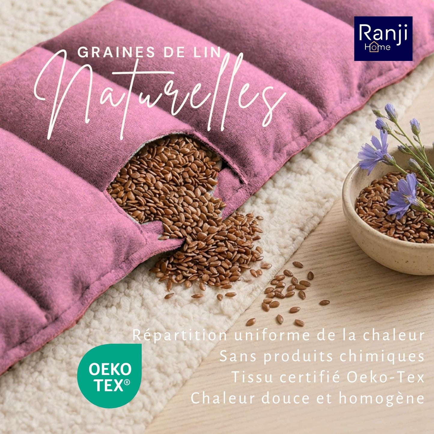 Bouillotte Ceinture Micro-Onde en Graines de Lin (Dos, Ventre) - Rose
