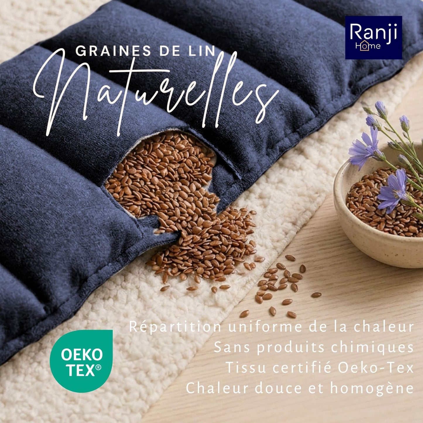 Bouillotte Ceinture Micro-Onde en Graines de Lin (Dos, Ventre) - Bleu