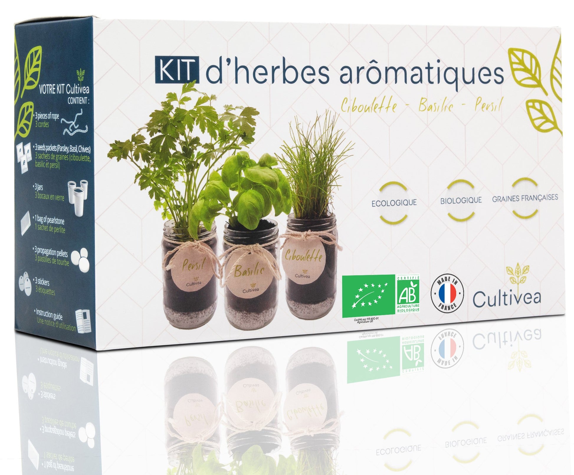 Kit d'herbes aromatiques : basilic, ciboulette, persil 