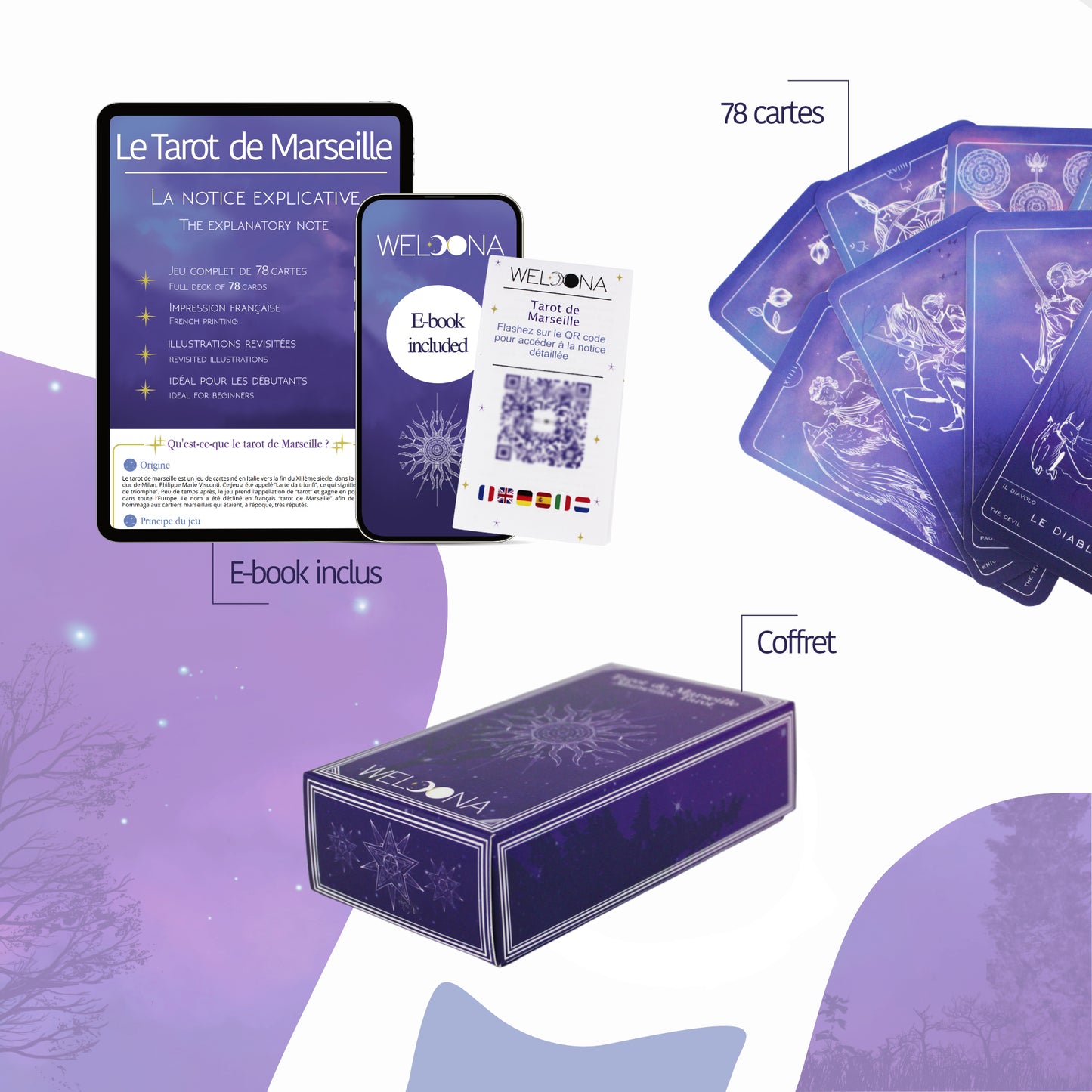 WELOONA- Tarot de Marseille - Jeu de cartes complet 78 cartes