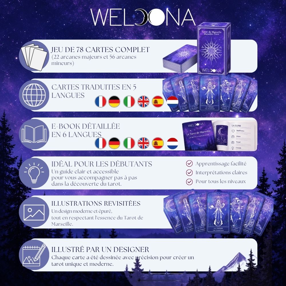 WELOONA- Tarot de Marseille - Jeu de cartes complet 78 cartes