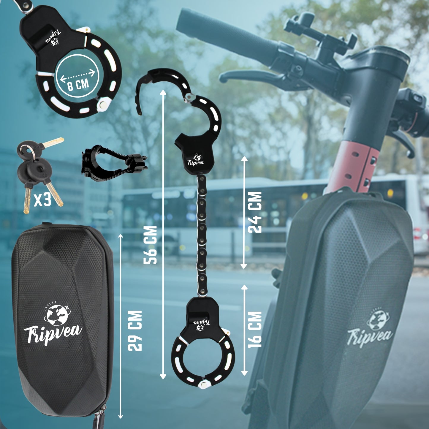 TRIPVEA® Antivol trottinette électrique, velo, poussette + housse de transport attachable - Cadenas ultra résistant + 3 clés