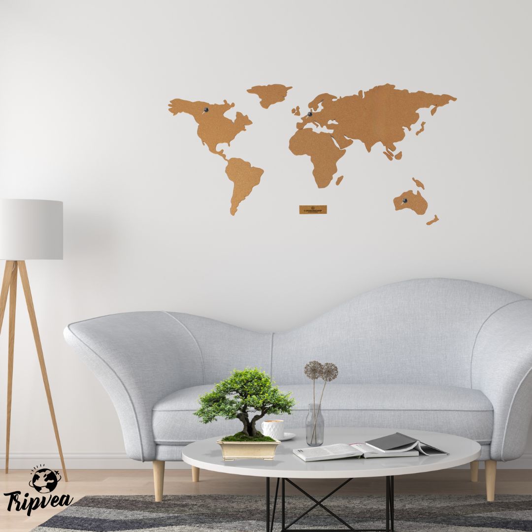 Mappa Mondo da Parete in Sughero | Planisfero Murale 100x46 cm con 50 Puntine