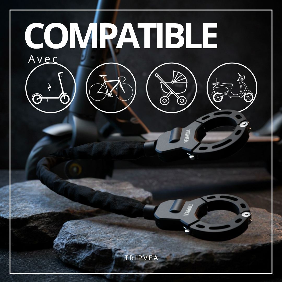 TRIPVEA® Antivol trottinette électrique, velo, poussette - Cadenas ultra résistant - Antivol menottes chaîne