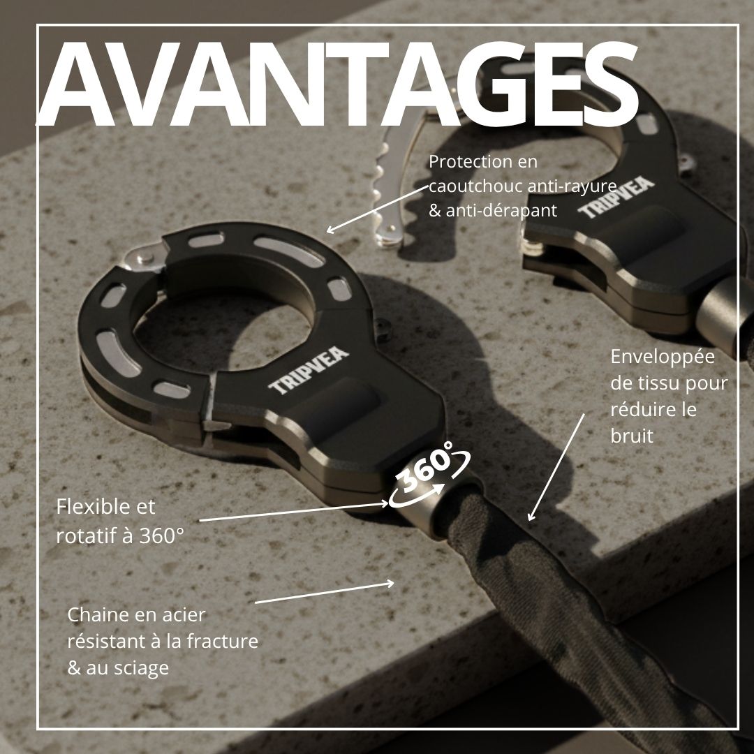 TRIPVEA® Antivol trottinette électrique, velo, poussette - Cadenas ultra résistant - Antivol menottes chaîne