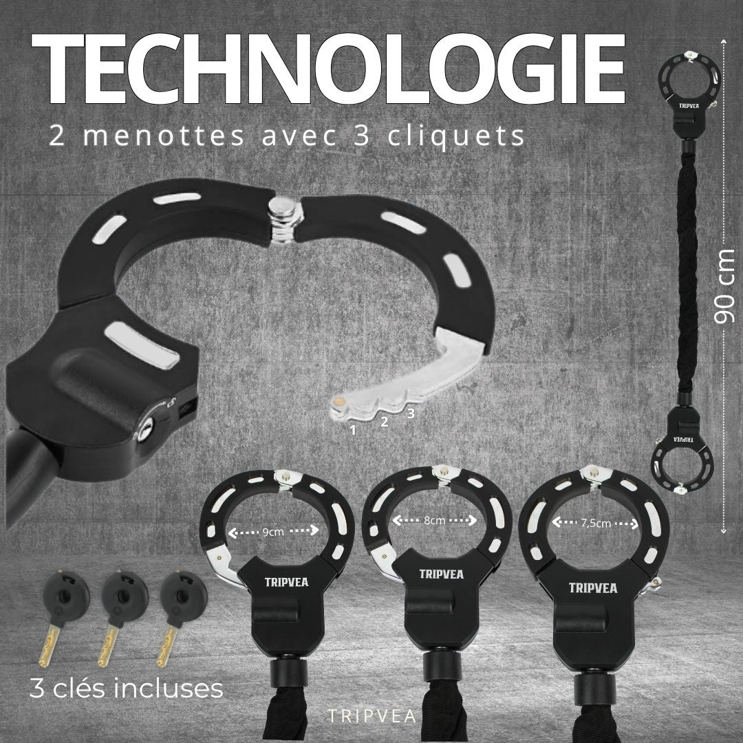TRIPVEA® Antivol trottinette électrique, velo, poussette - Cadenas ultra résistant - Antivol menottes chaîne