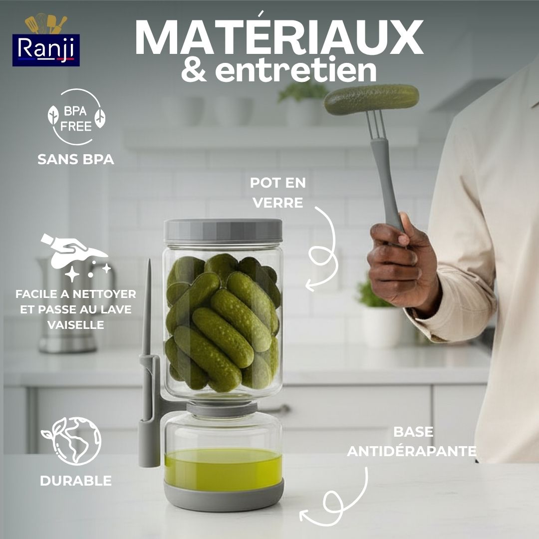 RANJI -Pot à Cornichon Retournable avec Pique Inclus 1300ml – Bocal Sablier en Verre Hermétique Sans BPA