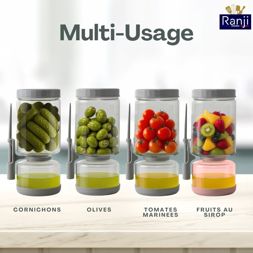 RANJI -Pot à Cornichon Retournable avec Pique Inclus 1300ml – Bocal Sablier en Verre Hermétique Sans BPA