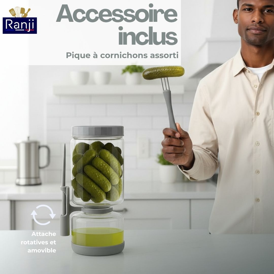 RANJI -Pot à Cornichon Retournable avec Pique Inclus 1300ml – Bocal Sablier en Verre Hermétique Sans BPA