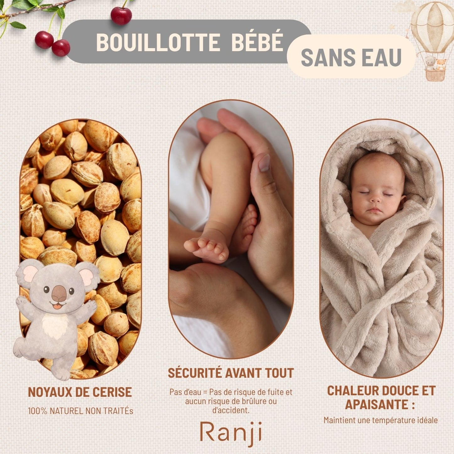 Bouillotte Bébé Anti Colique à Noyaux de Cerise - OEKO-TEX & Coton Bio GOTS (Koala)