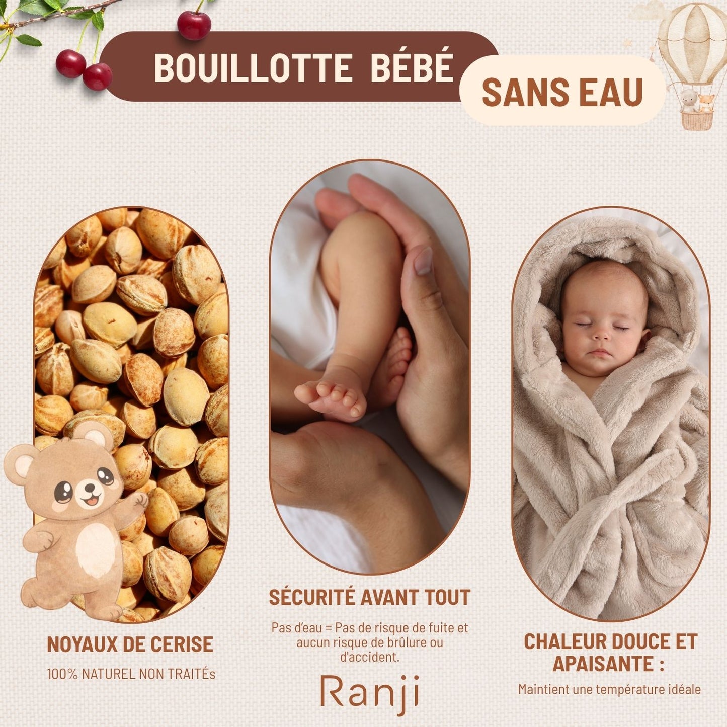 Bouillotte Bébé Anti Colique à Noyaux de Cerise - OEKO-TEX & Coton Bio GOTS (Ourson)