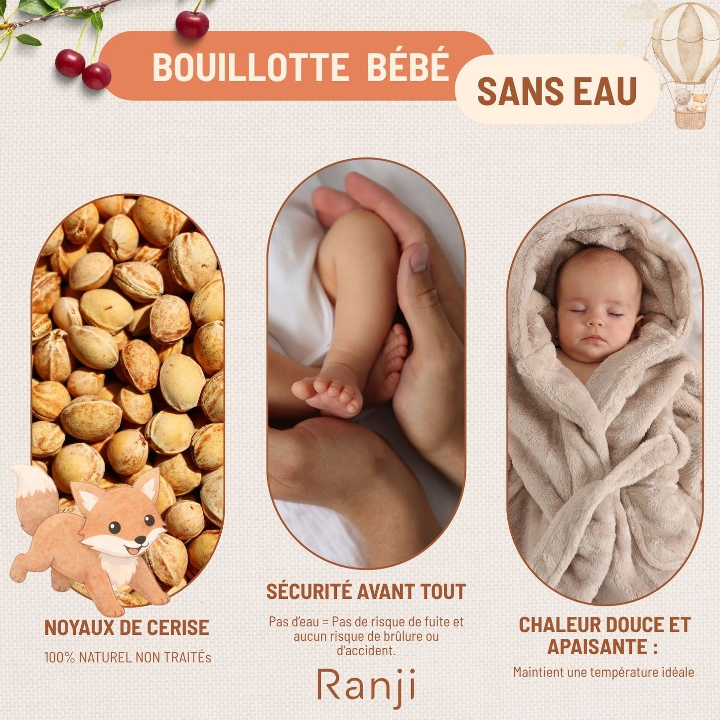 Bouillotte Bébé Anti Colique à Noyaux de Cerise - OEKO-TEX & Coton Bio GOTS (Renard)