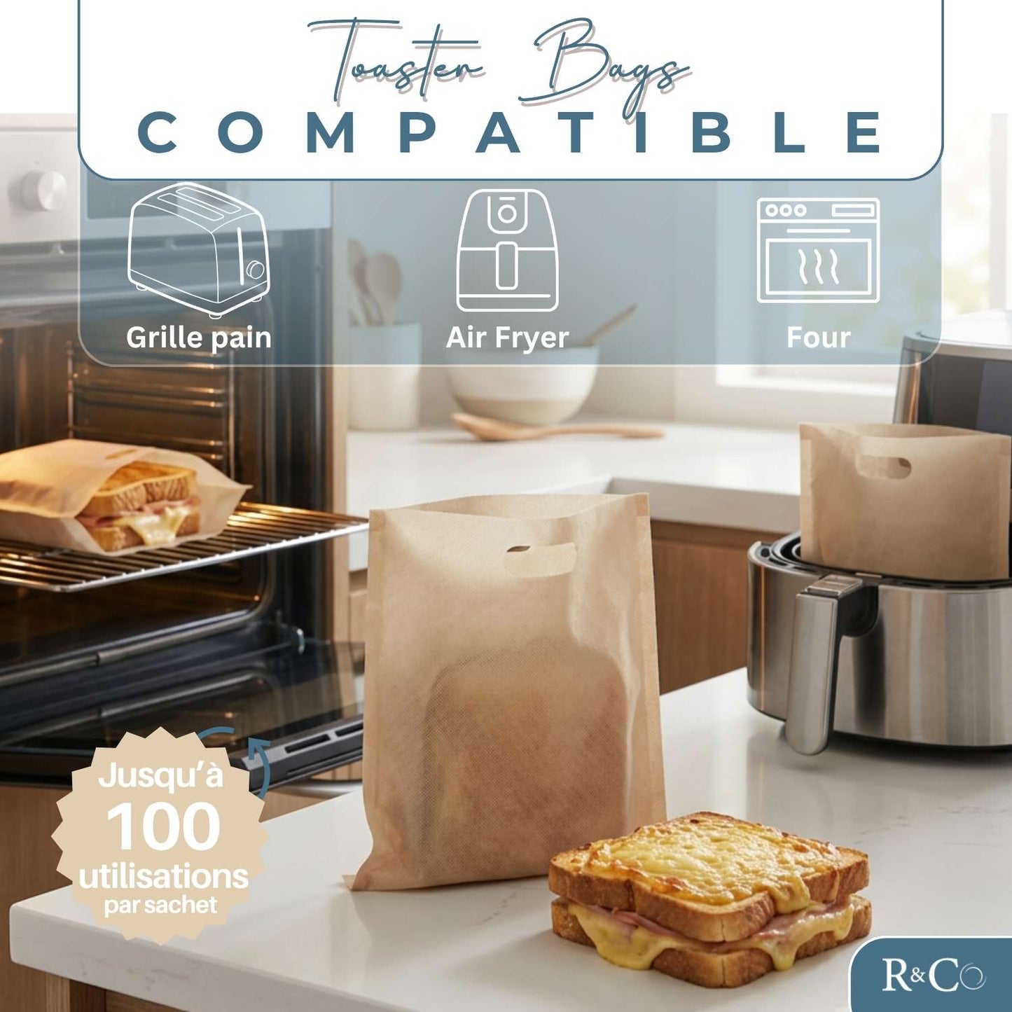 R&Co® Lot de 18 Toaster Bags Réutilisables – Sacs de Cuisson Antiadhésifs Sans BPA pour Grille-Pain, Air Fryer et Four