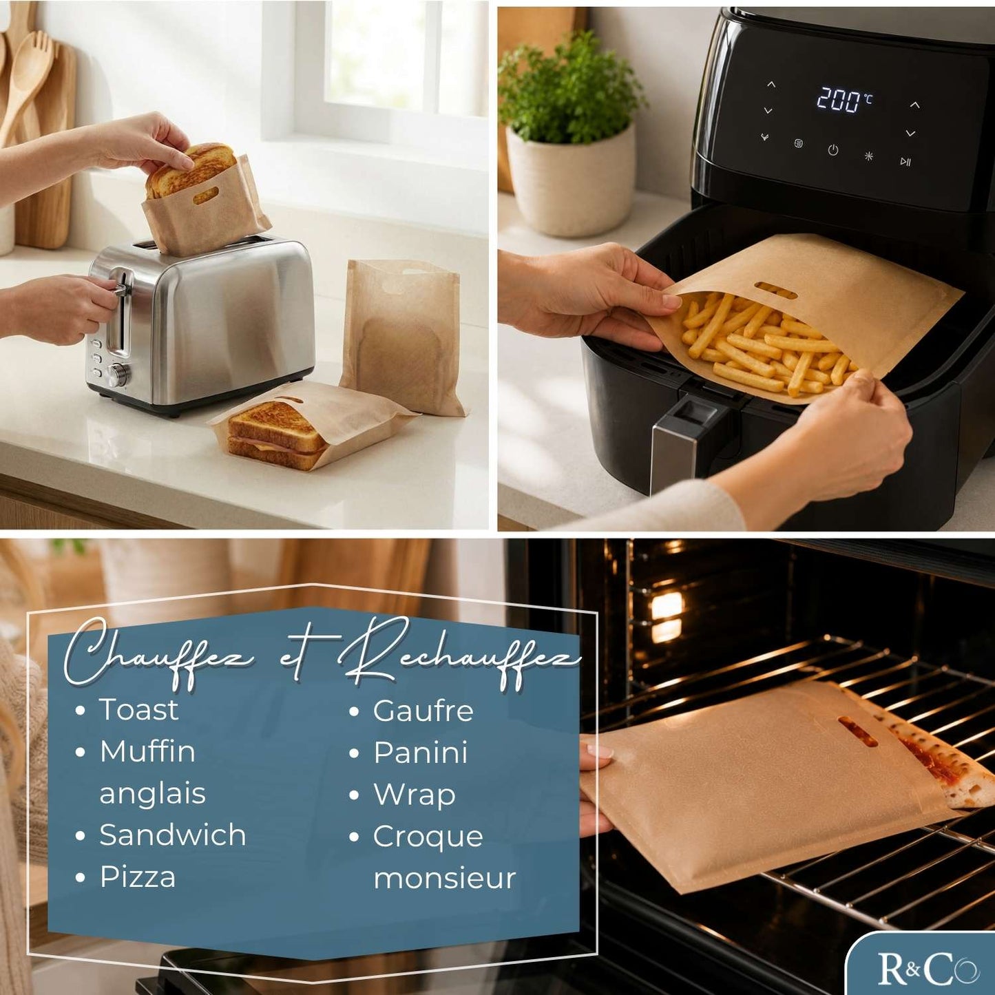 R&Co® Lot de 18 Toaster Bags Réutilisables – Sacs de Cuisson Antiadhésifs Sans BPA pour Grille-Pain, Air Fryer et Four