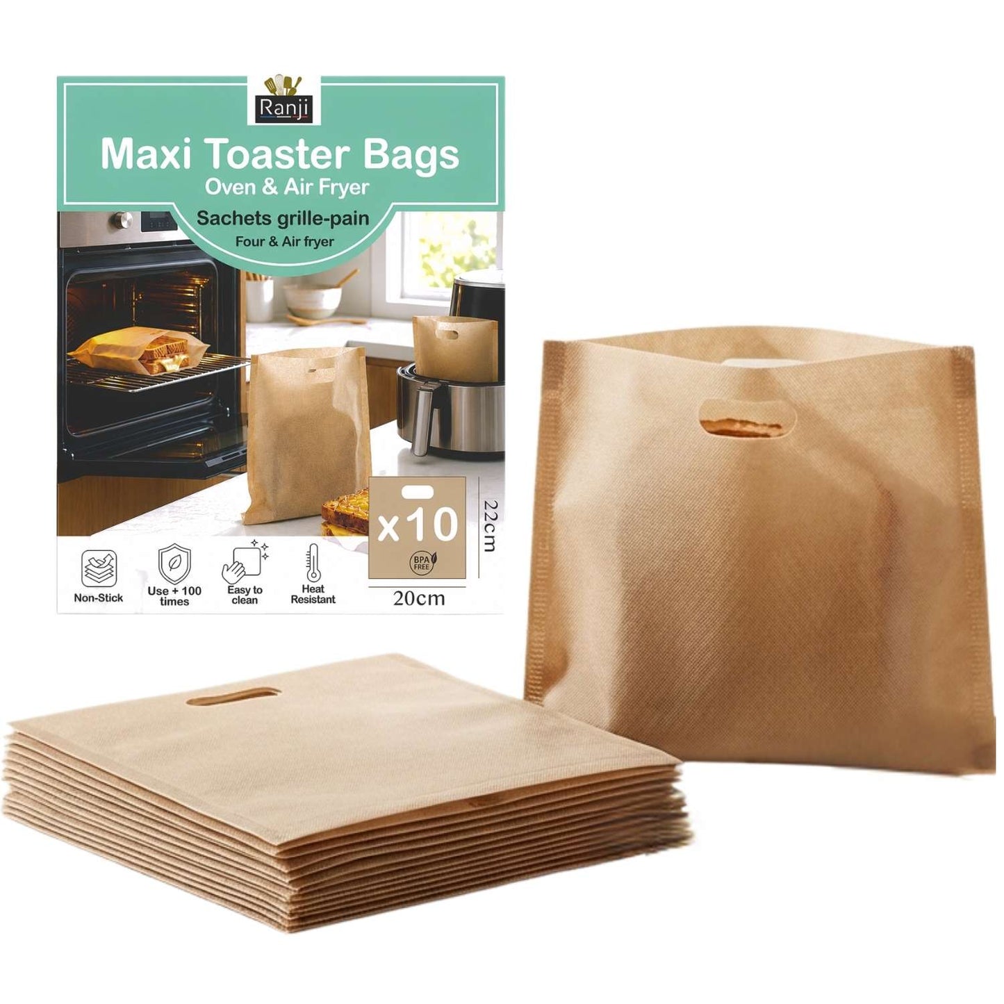 Ranji 10x Maxi Sacs à Grille-Pain Réutilisables –Toaster Bags XL - Sachets de Cuisson Alimentaire Antiadhésifs