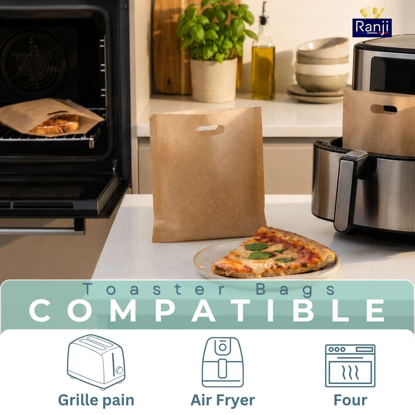 Ranji 10x Maxi Sacs à Grille-Pain Réutilisables –Toaster Bags XL - Sachets de Cuisson Alimentaire Antiadhésifs