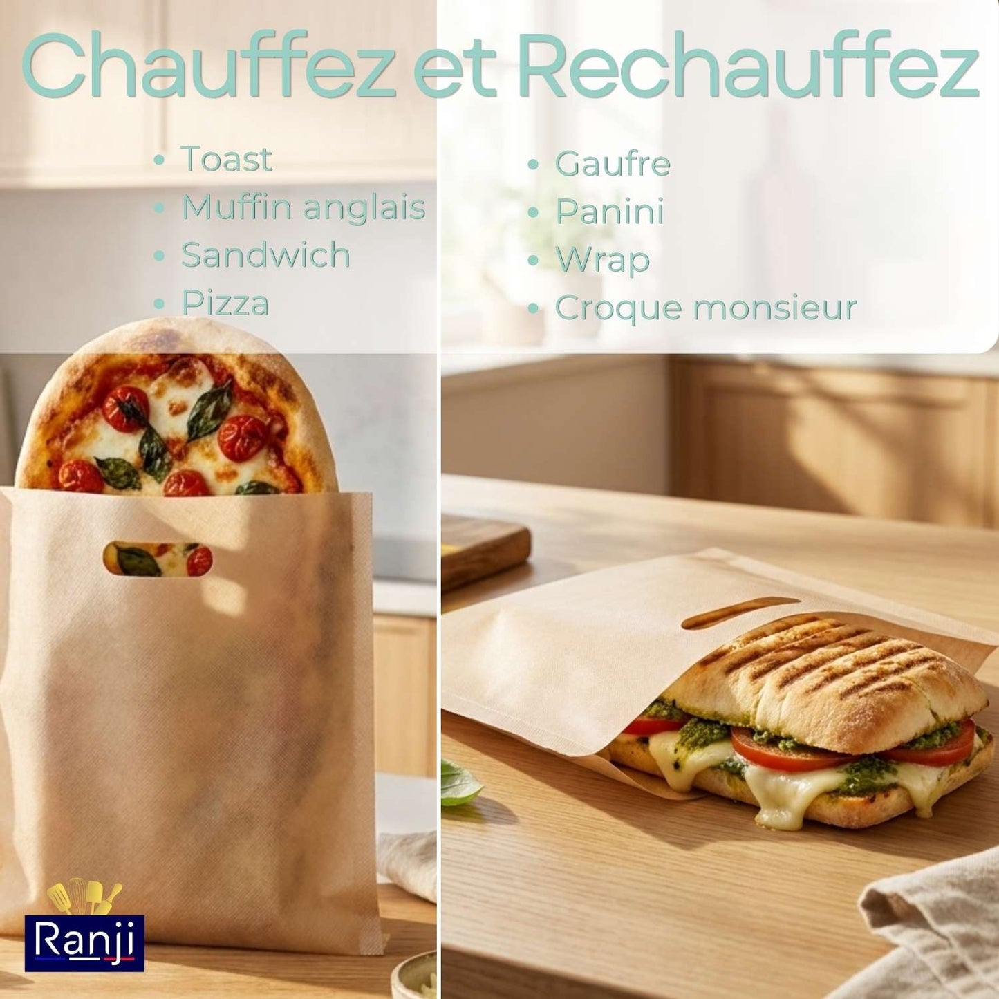Ranji 10x Maxi Sacs à Grille-Pain Réutilisables –Toaster Bags XL - Sachets de Cuisson Alimentaire Antiadhésifs