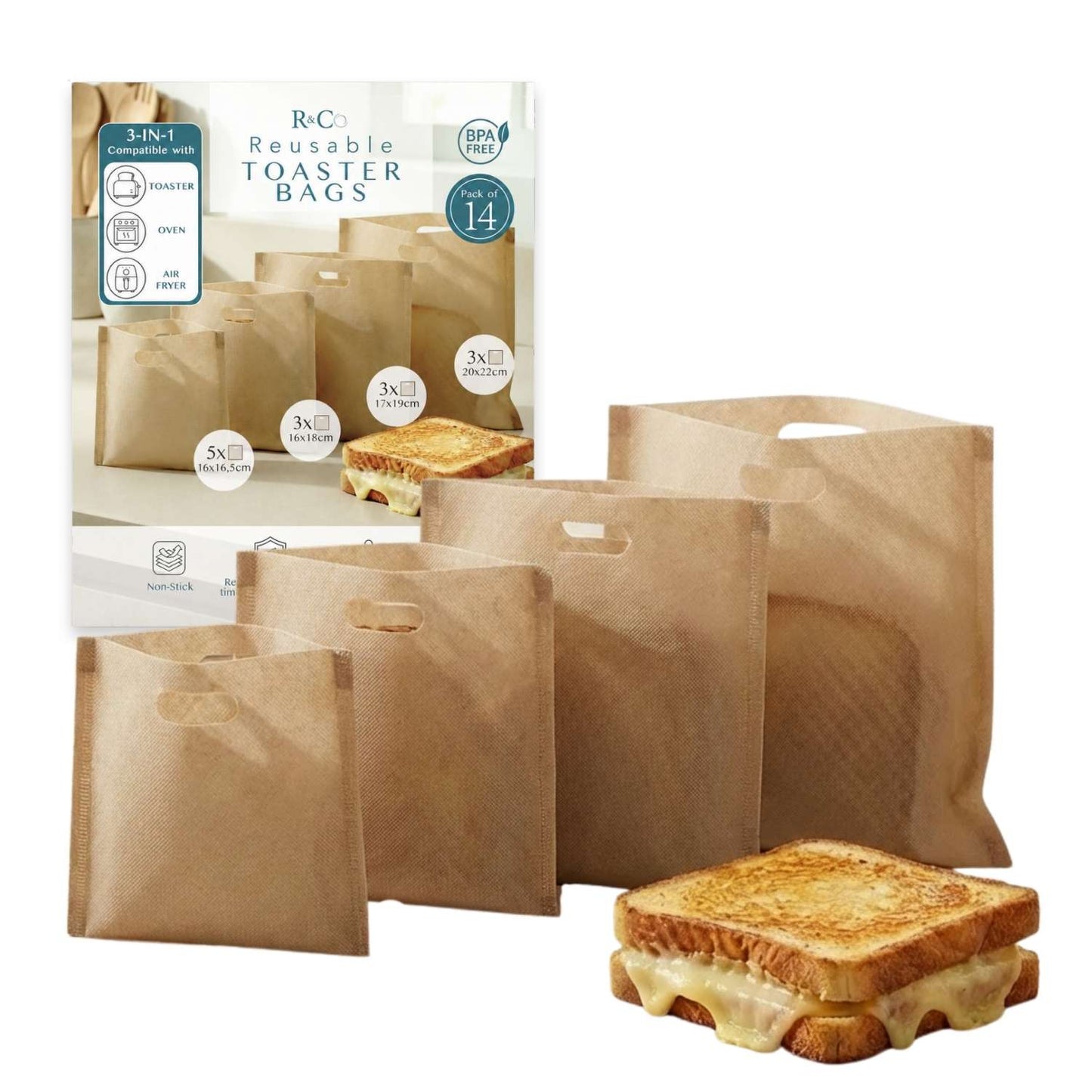 R&Co® Lot de 14 Toaster Bags Réutilisables – 4 Tailles Différentes – Sacs de Cuisson Antiadhésifs Sans BPA pour Grille-Pain, Air Fryer et Four