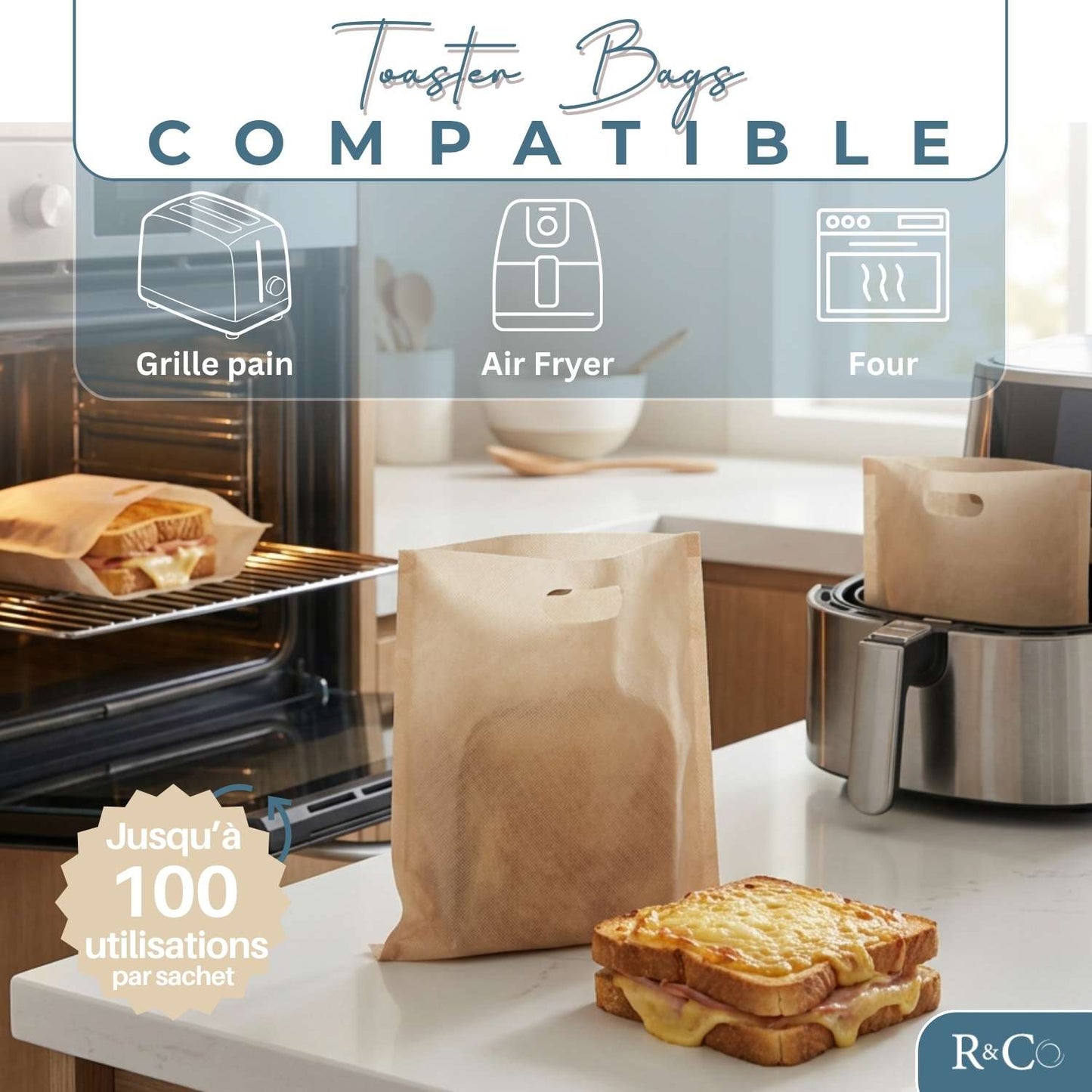 R&Co® Lot de 14 Toaster Bags Réutilisables – 4 Tailles Différentes – Sacs de Cuisson Antiadhésifs Sans BPA pour Grille-Pain, Air Fryer et Four