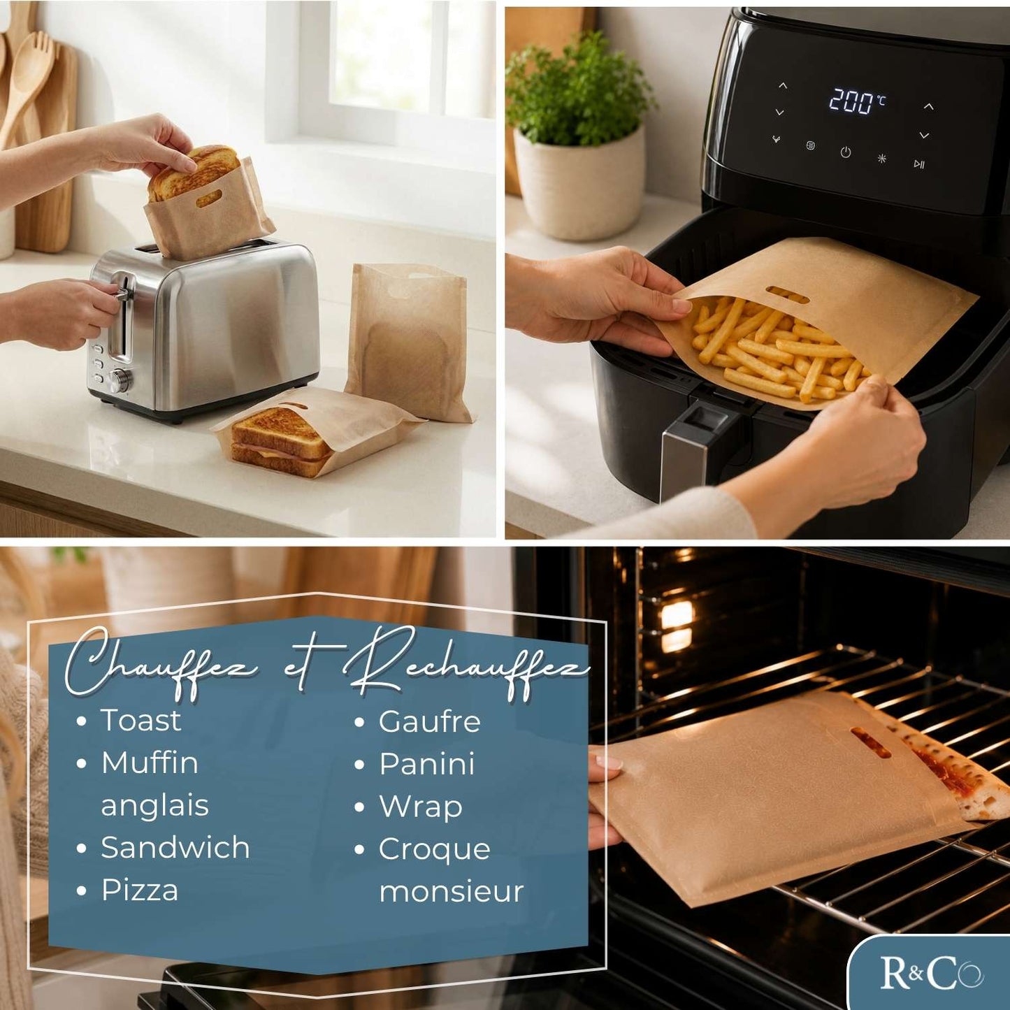 R&Co® Lot de 14 Toaster Bags Réutilisables – 4 Tailles Différentes – Sacs de Cuisson Antiadhésifs Sans BPA pour Grille-Pain, Air Fryer et Four