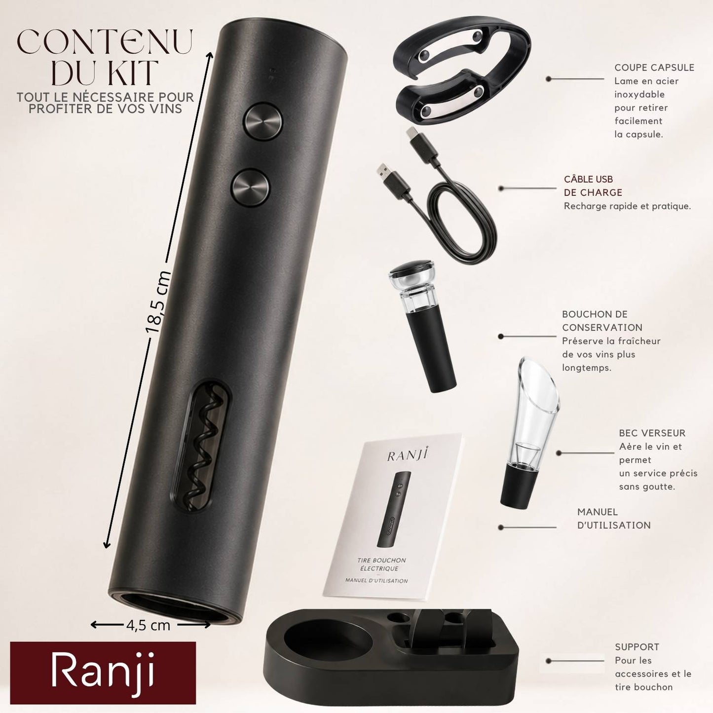 Ranji - Kit Tire Bouchon Électrique Rechargeable USB C