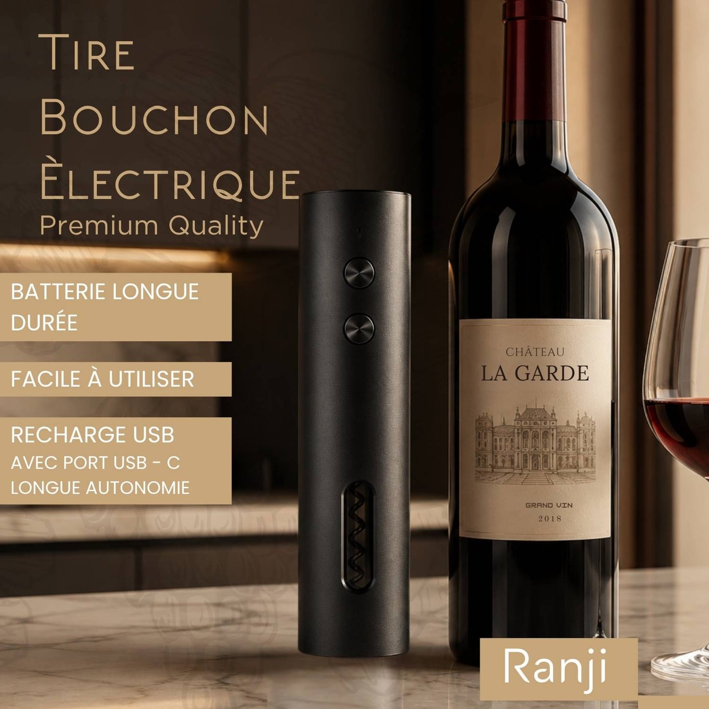 Ranji -  Tire Bouchon Électrique Rechargeable USB-C