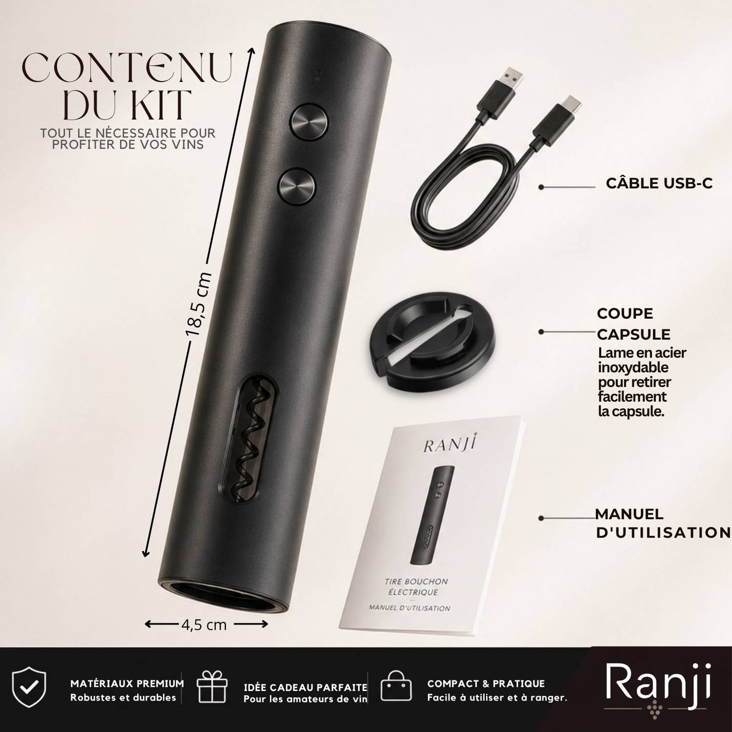 Ranji -  Tire Bouchon Électrique Rechargeable USB-C