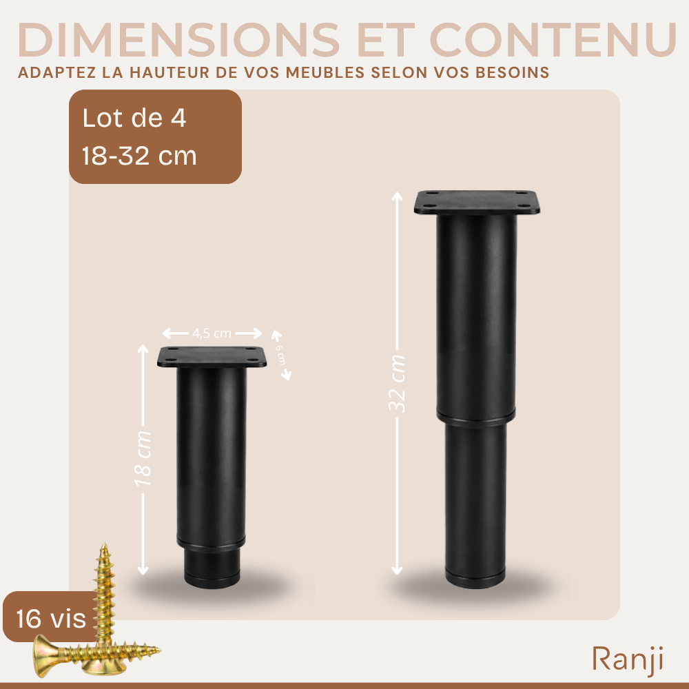 Lot de 4 Pied de Meuble Réglables en Acier