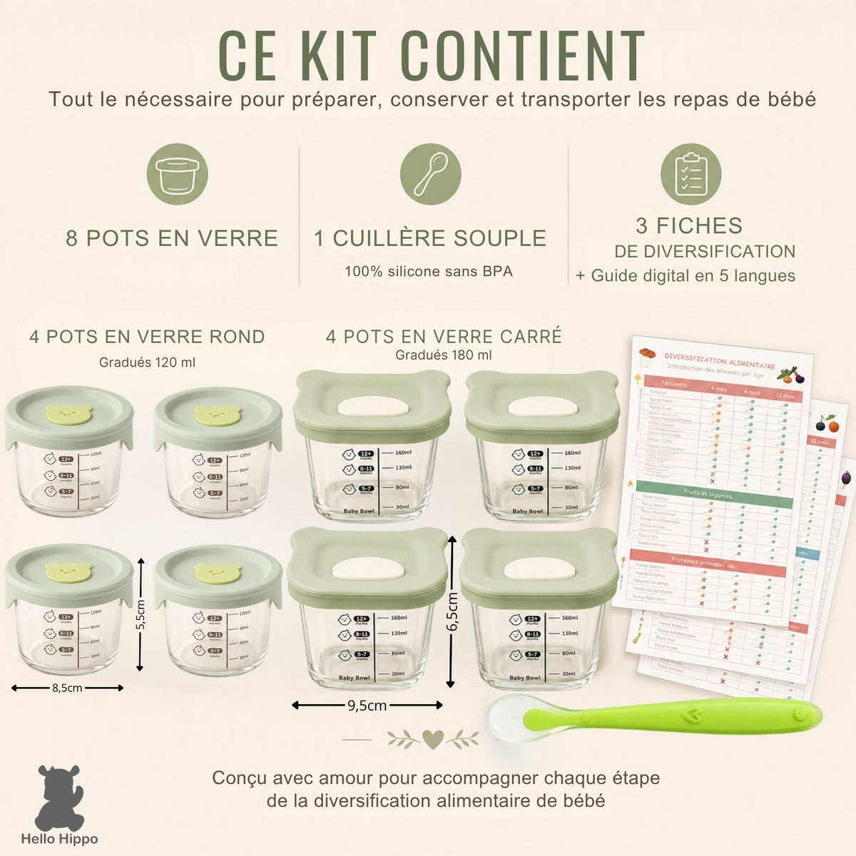Lot de 8 Pots Bébé en Verre – 4 Ronds 120 ml + 4 Carrés 180 ml