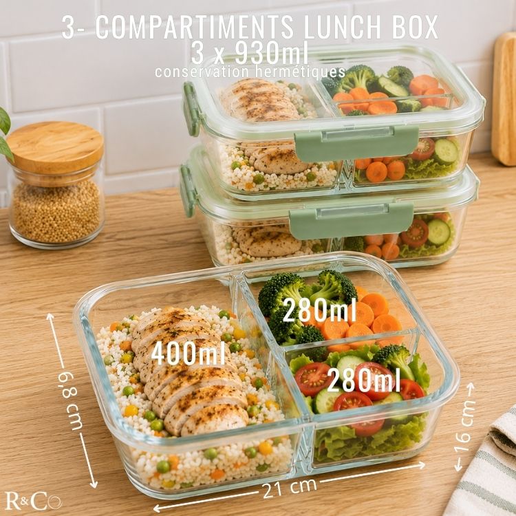 Lot de 3 Bocaux en Verre avec Couvercle Hermétique 930 ml - 3 Compartiments