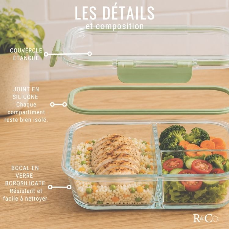 Lot de 3 Bocaux en Verre avec Couvercle Hermétique 930 ml - 3 Compartiments