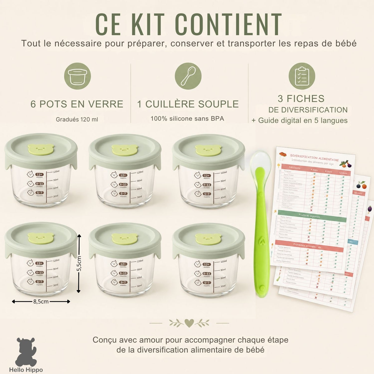 Lot 6 Pots Ronds pour Bébé en Verre 120 ml pour Repas