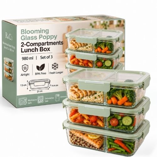 Lot de 3 Bocaux en Verre avec Couvercle Hermétique 980 ml, 2 Compartiments