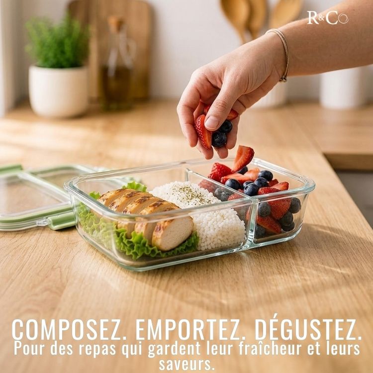 Lot de 3 Bocaux en Verre avec Couvercle Hermétique 980 ml, 2 Compartiments