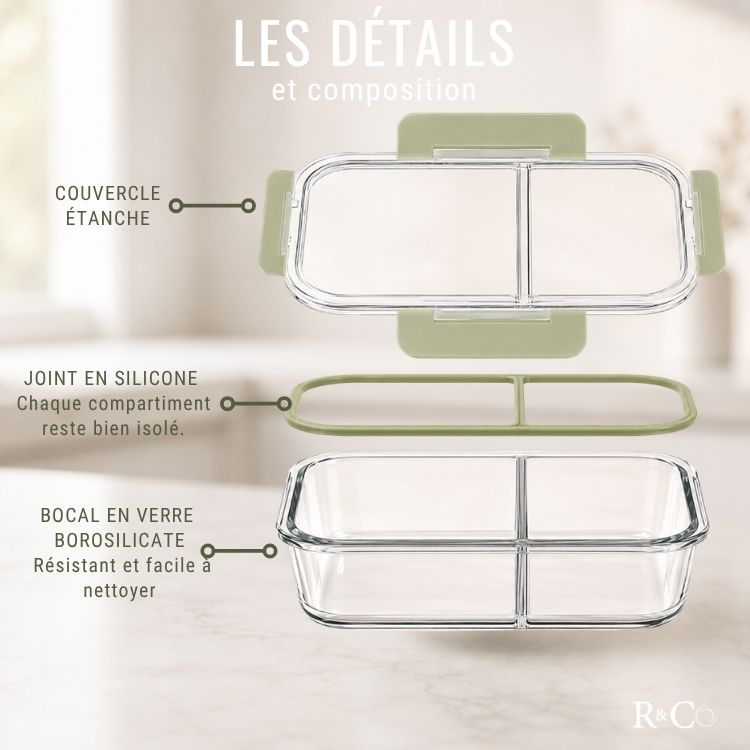 Lot de 3 Bocaux en Verre avec Couvercle Hermétique 980 ml, 2 Compartiments