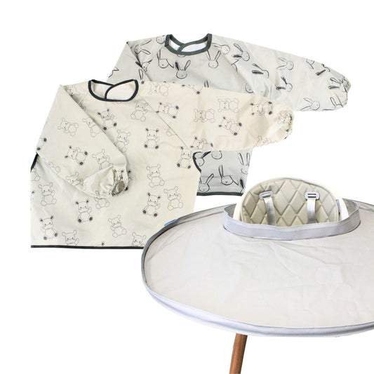 Kit 2 baberos y bandeja impermeable para trona de bebé gris con motivo de hipopótamo