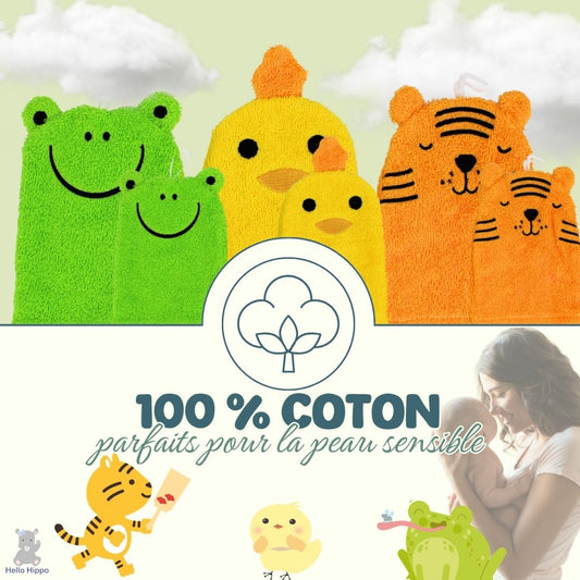 Lot de 6 Gants de Toilette Bébé & Enfant – (Tigre, Grenouille, Poussin)