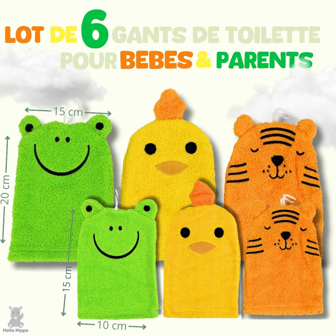Lot de 6 Gants de Toilette Bébé & Enfant – (Tigre, Grenouille, Poussin)