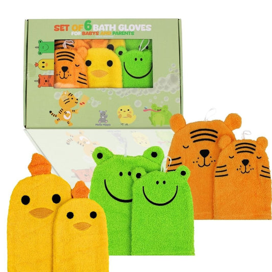 Lot de 6 Gants de Toilette Bébé & Enfant – (Tigre, Grenouille, Poussin)