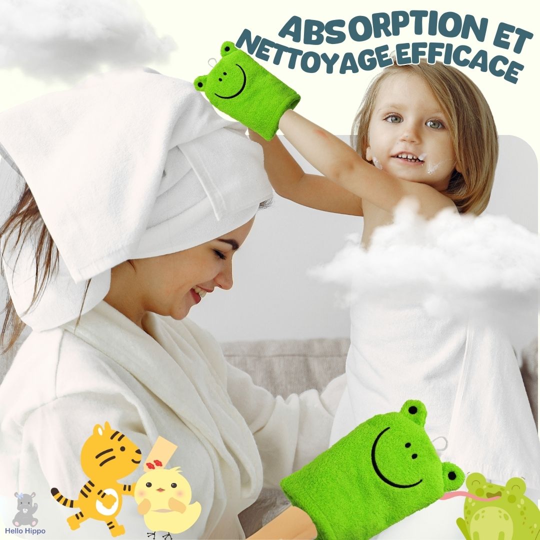 Lot de 6 Gants de Toilette Bébé & Enfant – (Tigre, Grenouille, Poussin)