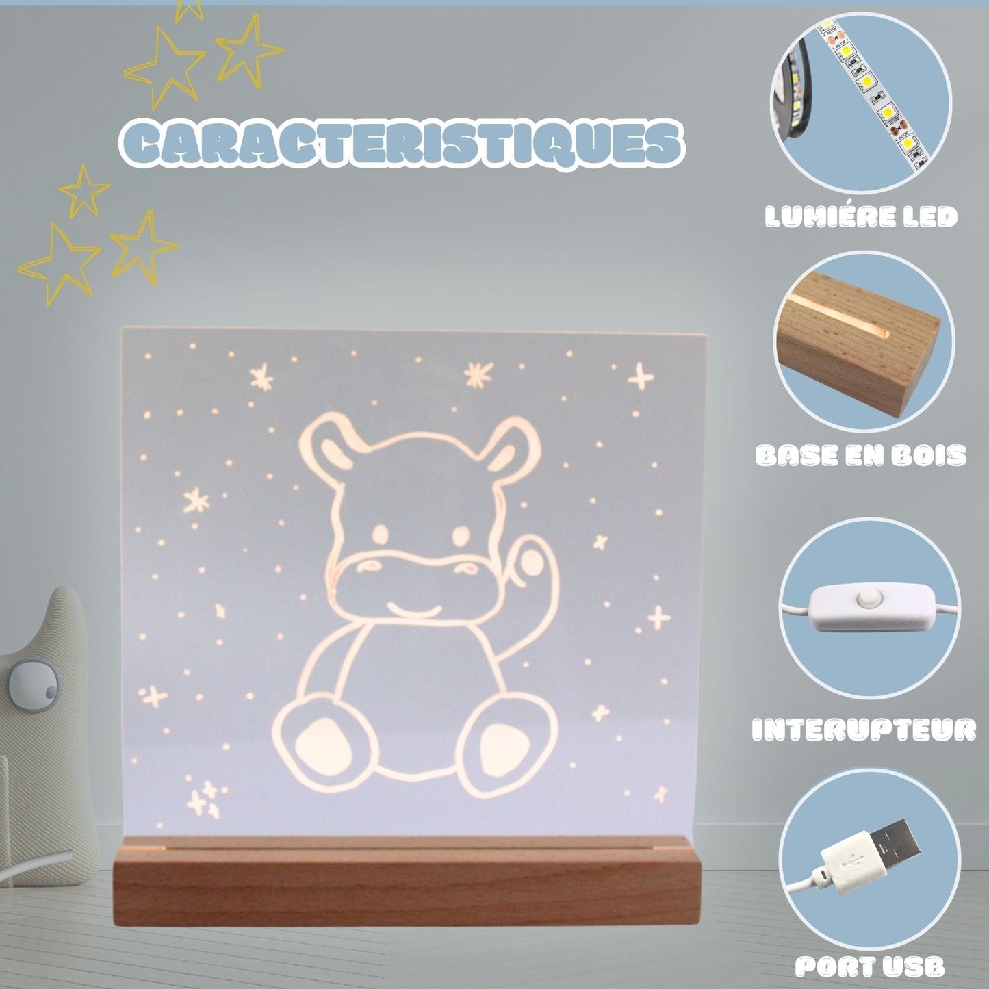 Les caractéristiques de la veilleuse Hello Hippo 