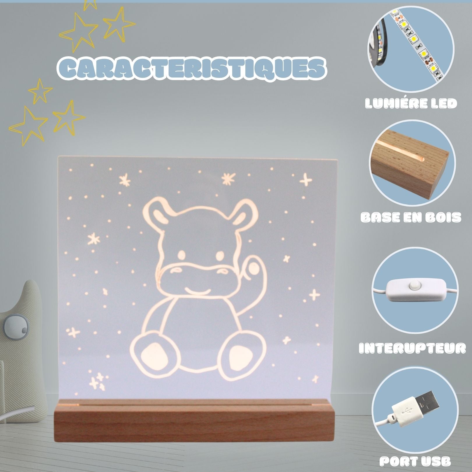 Les caractéristiques de la veilleuse Hello Hippo 